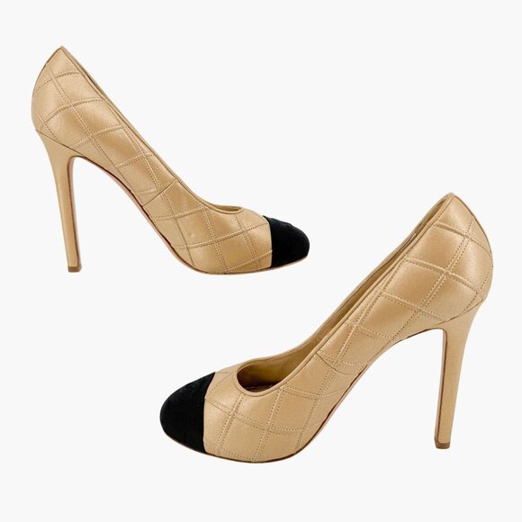 Chanel CC Cap Toe Quilted Pumps EU 39C US 8-8.5 Gold Beige Leather Two Tone Heel - Picture 10 of 14
